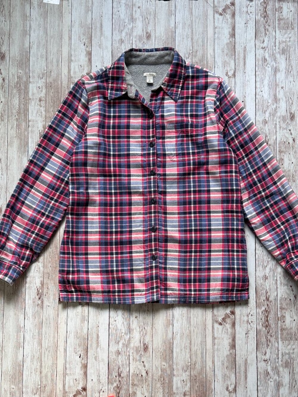 L.L Bean Scotch Plaid Sherpa Shirt sz Small Lined Flannel Long Sleeve Fleece Red